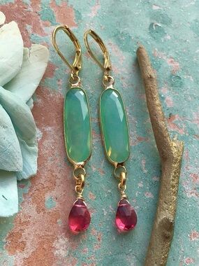 Chalcedony bezel rubellite tourmaline quartz 24k gold plated Earrings